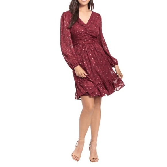 NEW London Times Red Flowy Dress Long Sleeve Ruffle‎ Gold Print 10 Petite Short - Picture 1 of 10